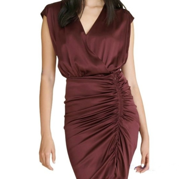 NWT Veronica Beard Casela Ruched Stretch-Silk Dress Color Dark Fig Size 2 - Picture 6 of 16